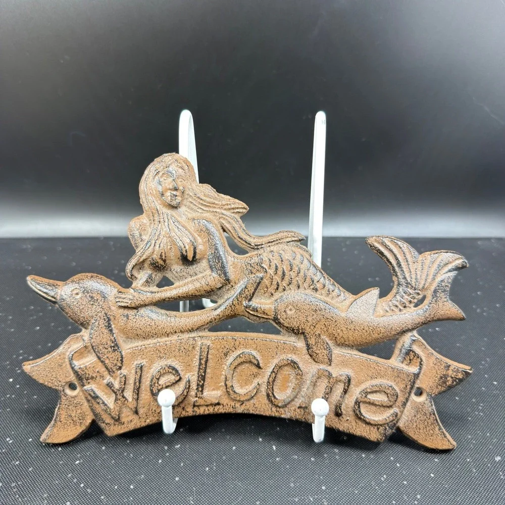 Cast Iron Mermaid Welcome Sign Brown Nautical Dolphin Wall Plaque Coastal Decor